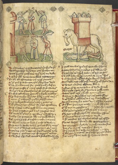 Sloane 361, f.27 O rei Codrus entrega-se para ser morto pelo seu povo, e Eleazar Maccabeus apunhalando o elefante e sendo esmagado por ele, de "Speculum Humanae Salvation" (tinta e cor no velino) de German School