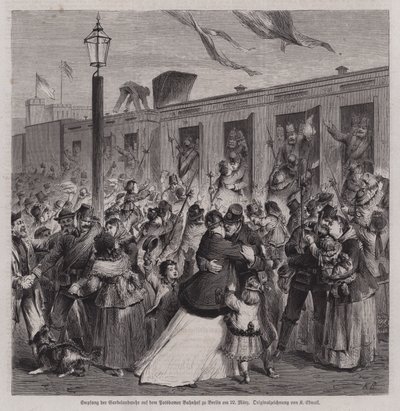 Soldados do Gardelandwehr prussiano recebidos na estação de Potsdam, Berlim, no seu regresso da Guerra Franco-Prussiana, 22 de Março de 1871 (gravura) de German School