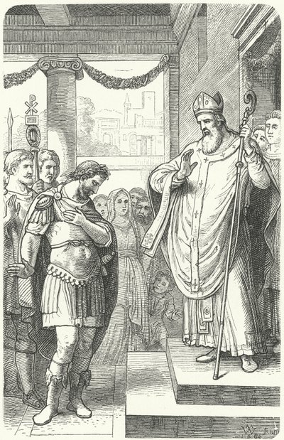 Santo Ambrósio impedindo o Imperador Romano Teodósio I de entrar na Catedral de Milão como castigo pelo Massacre de Tessalônica, 390 (gravura) de German School