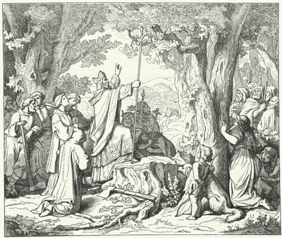 São Bonifácio derrubando o carvalho de Donar, sagrado para os alemães pagãos (gravura) de German School
