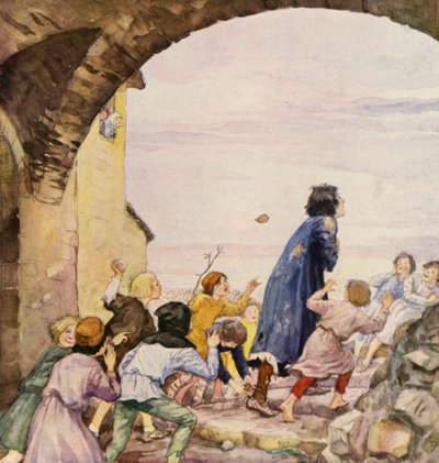 S. Francisco escarnecido por crianças (litografia a cores) de German School