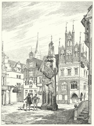 Estátua de Roland erigida em 1404 de frente para a catedral de Bremen, Alemanha (gravura) de German School