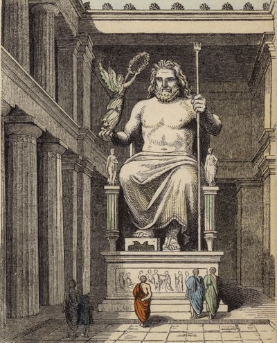Estátua de Zeus no templo grego antigo do Olympia (gravura colorida) de German School