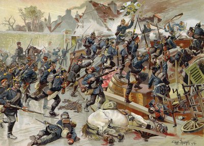 Tomada da grande barricada na entrada de Le Bourget pela Rainha Elisabeth 3º Regimento de Guardas Granadeiros, Guerra Franco-Prussiana, 30 de outubro de 1870 de German School