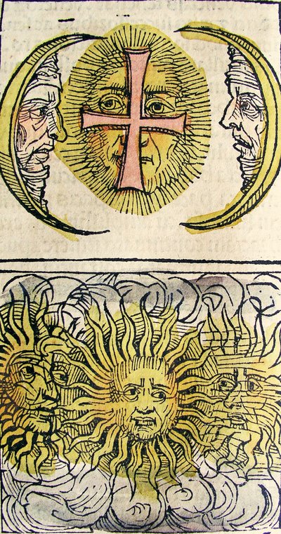 Cães Sol e Cães da Lua, publicado no Nuremberg Chronicle, 1493 de German School