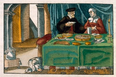 Mesa do jantar, de um manuscrito alemão, c.1650 (gravura colorida à mão) de German School