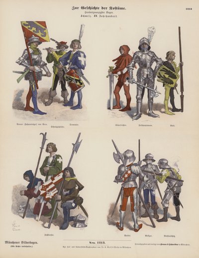 Fatos militares suíços do século XV (gravura colorida) de German School