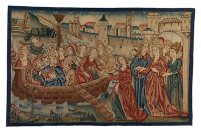 Painel de tapeçaria representando o Encontro de Santa Úrsula e do Príncipe Artherius em Mayence, da Renânia Média, fim do século XV (lã e fio metálico) de German School
