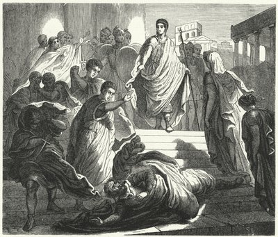 Tarquinius Superbus assassinando seu sogro, Servius Tullus, para reivindicar o trono romano (gravura) de German School