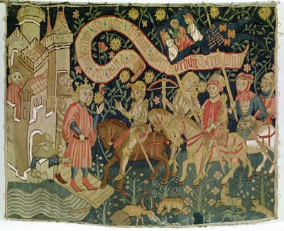 A chegada de Joana d&39;Arc (c.1412-31) ao Castelo de Chinon em 6 de março de 1423, recebida por Carlos VII (1403-61), fabricada na época da Donzela de German School