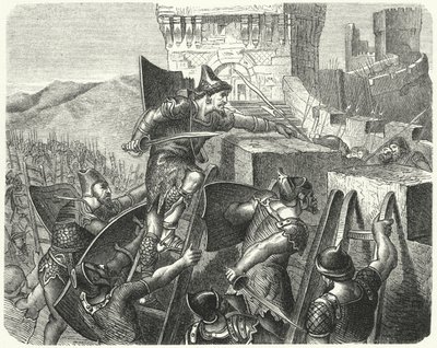 Os babilônios invadindo as muralhas de Jerusalém (gravura) de German School