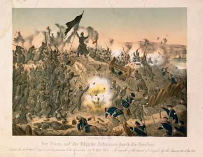 A Batalha de Dybboel na Segunda Guerra de Schleswig, em 18 de abril de 1864, publicada por Verlag A. Felgner, Berlim, 1864 de German School