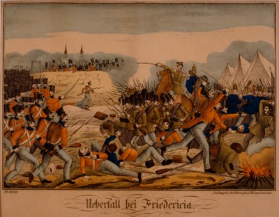 A Batalha de Fredericia durante a Primeira Guerra de Schleswig, 6 de julho de 1849, Neuruppiner Bilderbogen, publicada por Oehmigke & Riemschneider, c.1850 de German School