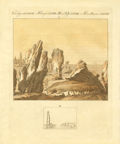 Os monumentos celtas de Carnac (gravura a cores) de German School
