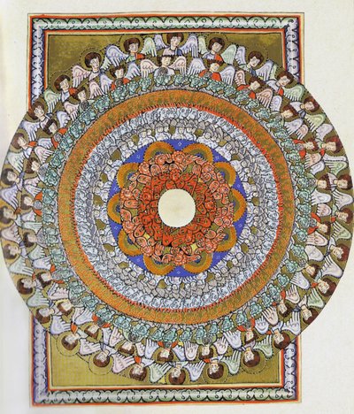 O Coro de Anjos. Miniatura de Liber Scivias de Hildegard de Bingen, c.1175 (aguarela sobre pergaminho) de German School