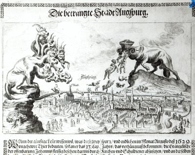 A cidade de Augsburgo forçada a aceitar a Dominação Católica em 1629 (gravura) (foto bw) de German School