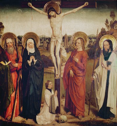 A Crucificação, com Santo André, São Mateus e um homem ajoelhado ao pé da cruz de German School