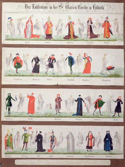 A dança da morte da Marienkirche em Luebeck (gravura a cores) de German School