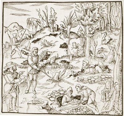 The Divining Rod, de Bergwerk Buch, de Georg Agricola, Frankfurt 1580, ilustrado em History of Magic, publicado no final do século XIX de German School