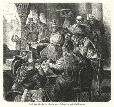 O Imperador Carlos Magno rodeado de estudiosos e membros do clero (gravura) de German School