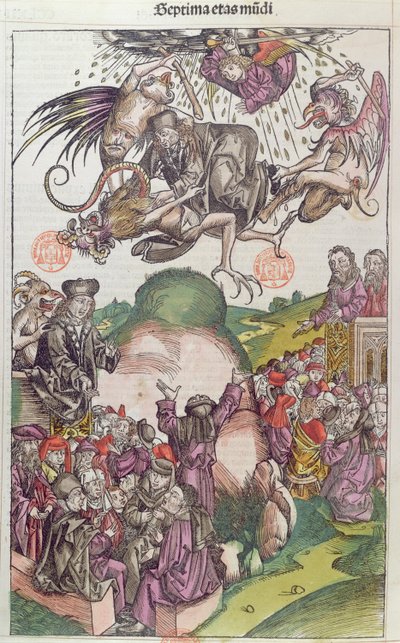 A queda de Simon Magus, de La Chronique de Nuremberg por Hartmann Schedel, Nurnberg, 1492 (cor xilogravura) de German School
