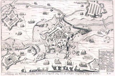 A Fortaleza de Canischa sitiada em vão pelos cristãos em 1664, ilustração de um livro sobre as campanhas otomanas na Europa, gravado por Paul Furst (c.1605-66) (gravura) de German School