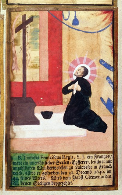 O francês padre jesuíta Jean François Regis (1597-1640) ajoelhado diante de um crucifixo, do jesuíta Martirológio, 1688 de German School