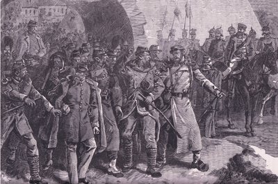 O exército francês deixando Metz, Cassells História da Guerra entre a França e a Alemanha publicado pela Cassell and Company Limited, c.1890 (litho) de German School