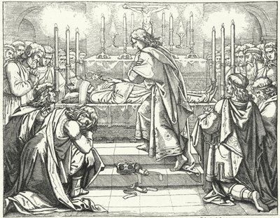 O Santo Imperador Romano Otto III no túmulo de São Adalberto de Praga (gravura) de German School