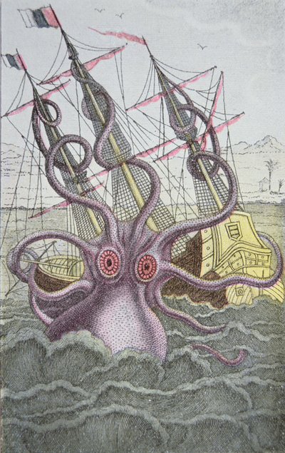 O Kraken arrasta para baixo um navio (gravação colorida) de German School