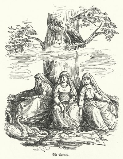 As Nornas, seres femininos da mitologia nórdica (gravura) de German School
