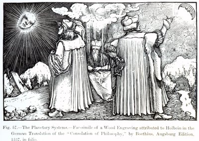 Os Sistemas Planetários, de The Consolation of Philosophy de Boethius, publicado em 1537, ilustração de Ciência e Literatura na Idade Média e Renascença, escrito e gravado por Paul Lacr de German School