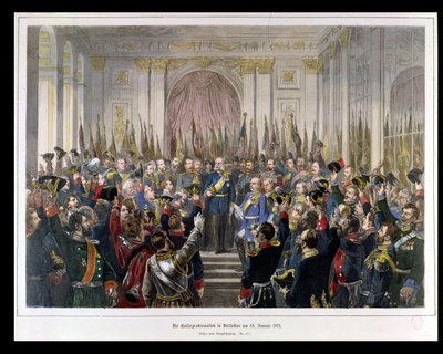 A Proclamação de Wilhelm como Kaiser do novo Reich Alemão, no Salão dos Espelhos de Versalhes em 18 de janeiro de 1871, 1871 (gravura a cores) de German School