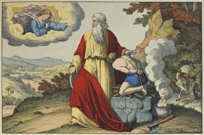O Sacrifício de Isaac por Abraão, ilustração de LAncien Testament, publicado por Jakob Ferdinand Schreiber, Esslingen (gravura a cores) de German School