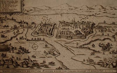 O Cerco de Zolnock pelos turcos em 1552, ilustração de um livro sobre as campanhas otomanas na Europa, gravado por Paul Furst (c.1605-66) (gravura) de German School