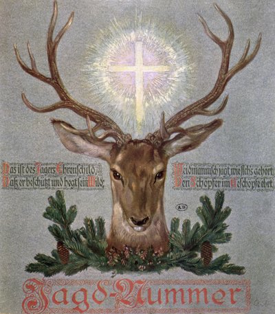 O veado de St. Hubert (655-727), ilustração de capa de um jornal de caça, 1908 de German School