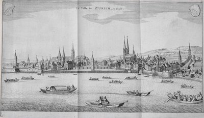 A cidade de Zurique, na Suíça, do Volume II de Itinera Alpina, de Johann Jacob Scheuchzeri, publicou 1706 de German School