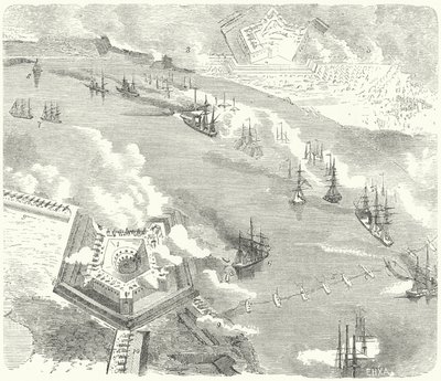 A frota da União atacando Fort Jackson e Fort St Philip, Louisiana, Guerra Civil Americana, 1862 de German School