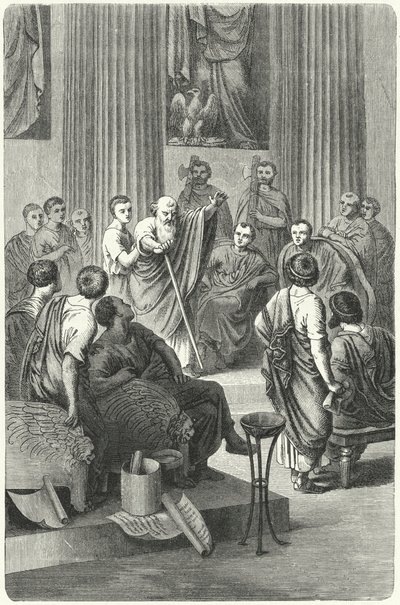 O cego Appius Claudius Caecus falando no Senado Romano contra Cineas, o embaixador de Pirro de Epiris, 279 a.C. (gravura) de German School
