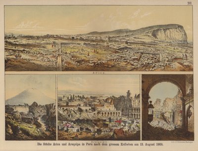 As cidades de Arica e Arequipa no Peru após o grande terremoto de 13 de agosto de 1868 (cor litho) de German School
