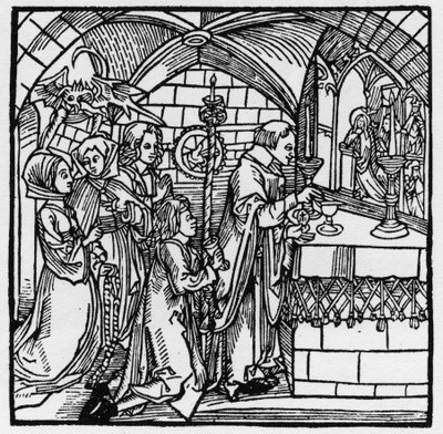O diabo faz as mulheres falarem durante a missa - em "Der Ritter von Turn" de Knight Marquard vom Stein de German School