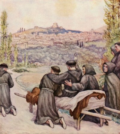 O moribundo São Francisco abençoando a cidade de Assis (litografia a cores) de German School