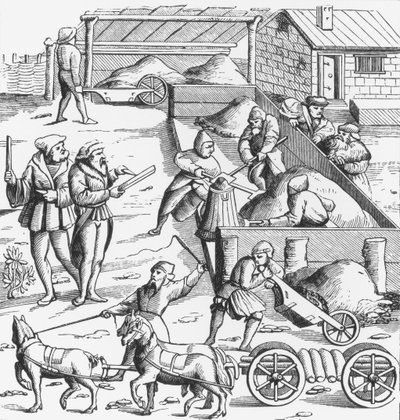A extração de metais, após uma xilogravura na Cosmographie Universelle de Munster, publicou 1552 de German School