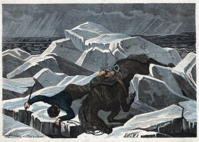 A queda do Conde Sandor e do seu cavalo sobre o gelo quebrado do Danúbio. Em "Wenn Jemand eine Reise thut, so kann erzahlen" (Quando alguém viaja, isto é o que ele pode dizer), conto alemão de Franz Wiedemann de German School