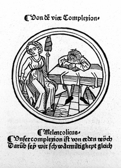 Os quatro temperamentos: melancólico (triste e deprimido). Xilogravura, Augsburg 1480. de German School