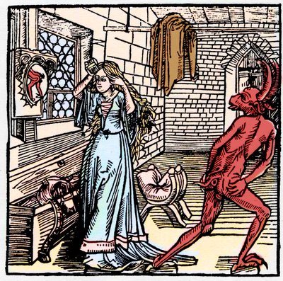 A senhora que se admira no espelho vê apenas um reflexo do posterior do Demónio - símbolo da Vaidade - Conduta irresponsável do diabo para com uma mulher flertadora - em "Der Ritter von Turn" do Cavaleiro Marquard vom Stein de German School