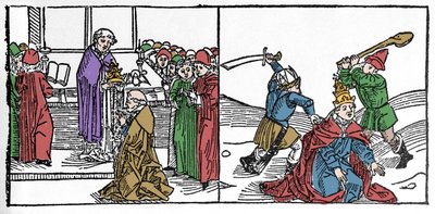 O martírio de São Fabien (século III), Papa torturado então decapitado, sob o reinado do Imperador Engraving de "Leben der Heiligen - sommerteil" (O livro do santo) de Jacobus (Tiago) de Voragine (1228-1298). Lubeck 1488. de German School