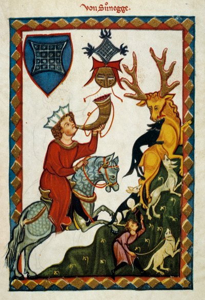 Os prazeres da caça: O Rei Radin de Hohenstaufen, Rei da Sicília (Itália) e Jerusalém (Israel) com o nome de Conrado II, Duque da Suábia com o nome de Conrado III e Rei dos Romanos com o nome de Conrado V (1252-1268) caça veados. Iluminat de German School