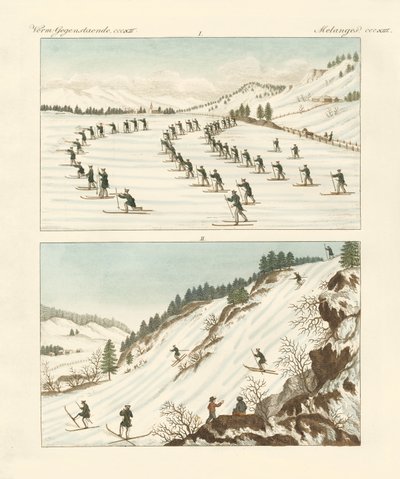 O regimento de patinadores na Noruega (gravura colorida) de German School