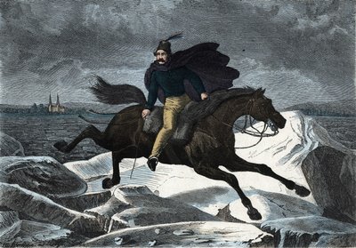 O conto Sandor no seu cavalo Tartar a galopar no rio de gelo do Danúbio. Em "Wenn Jemand eine Reise thut, so kann erzahlen" (Quando alguém viaja, isto é o que ele pode contar), conto alemão de Franz Wiedemann de German School